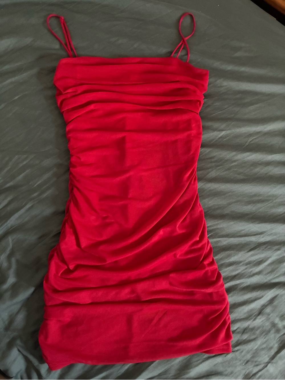 Garage Red Ruched Spaghetti Strap Mini Dress
